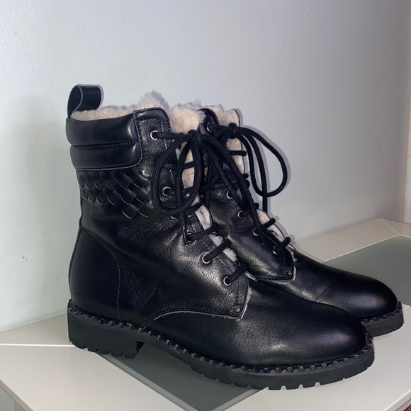 BOTTEGA VENETA Intrecciato Weave Calf Leather Lamb Fur Lined Combat Boots-Sz 8 - Picture 6 of 15